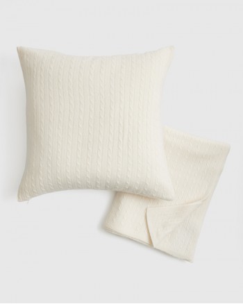 Cable Knit Cashmere Throw & Pillow Cover Set - Ivory