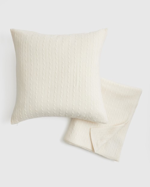 Cable Knit Cashmere Throw & Pillow Cover Set - Ivory