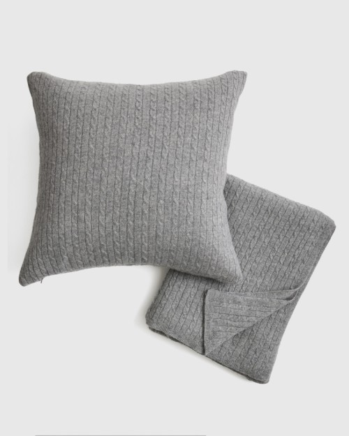 Cable Knit Cashmere Throw & Pillow Cover Set - Heather Grey