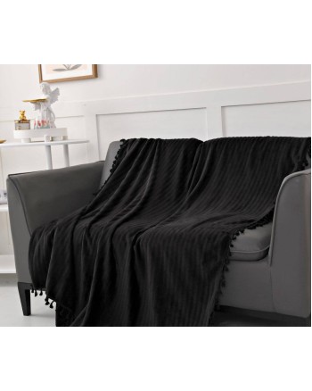 1pc Plain Tassel Decor Throw Simple Flannelette Throw Blanket For Home - Black