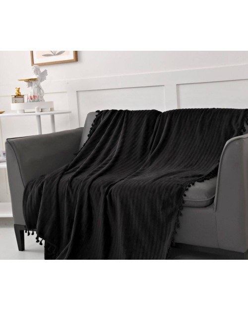 1pc Plain Tassel Decor Throw Simple Flannelette Throw Blanket For Home - Black